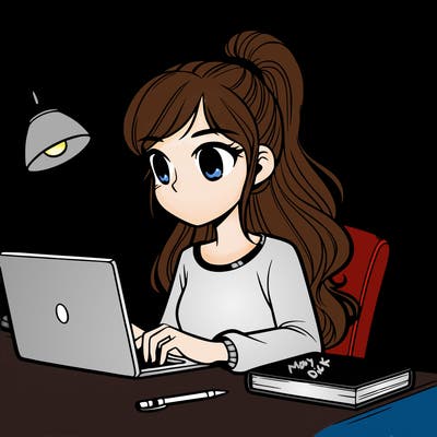 a college girl working on her computer with her hair up in a ponytail