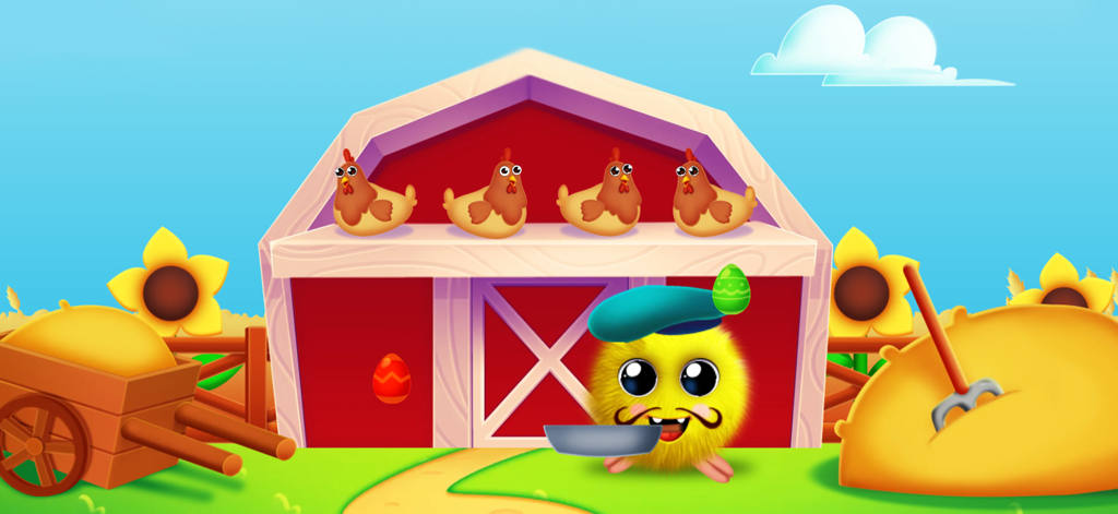 Kidduca: Kids Learning Games - Una granja brillante de dibujos animados con un granero rojo, pollos y un personaje amarillo esponjoso con boina