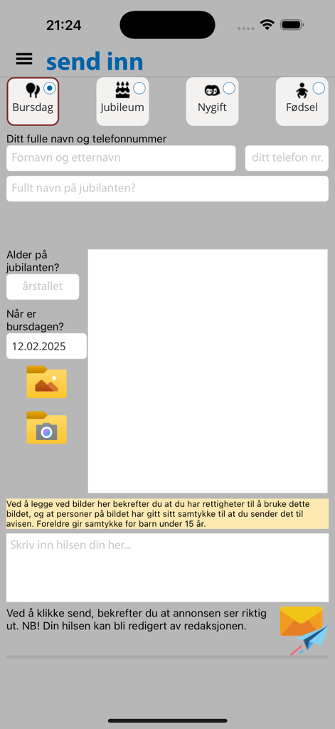 Un écran d'application mobile pour soumettre des vœux locaux comme des anniversaires au journal HBlad.
