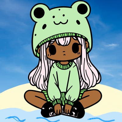 a girl wearing a frog hat and some frog socks