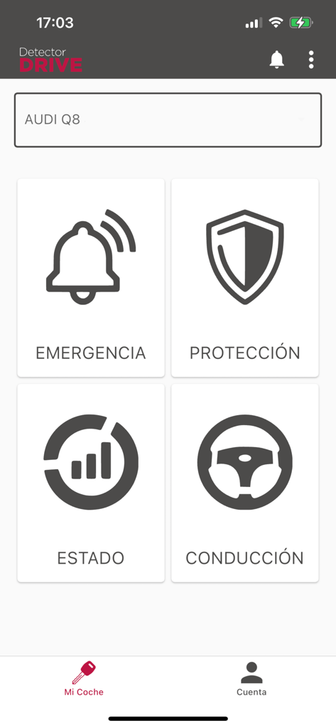 Menú principal de la aplicación Detector Drive con iconos de protección de emergencia, estado del vehículo y datos de conducción