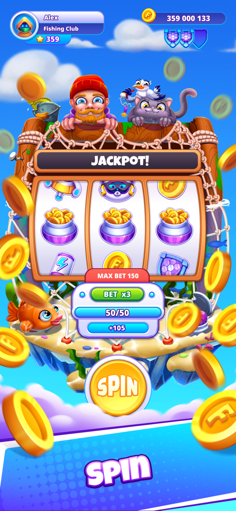 Slot machine interface in Time Master game showing a jackpot win with golden coin pots and a fisherman character