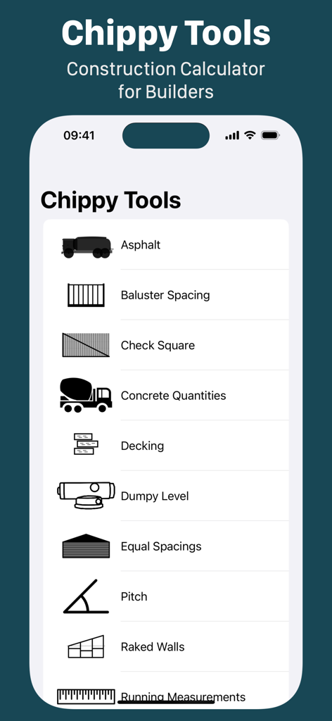 Chippy Tools: Construction - Chippy Tools construction calculator app showing a list of calculation tools for carpenters and builders