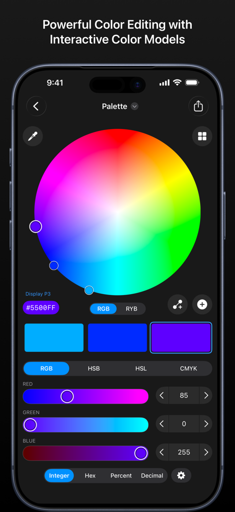 Colorlogix - Color Design Tool - Interfaz de la aplicación Colorlogix mostrando una rueda de color interactiva y controles deslizantes RGB para una edición precisa del color.
