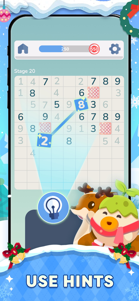 Gameplay screenshot of NumMatch logic puzzle showing the hint feature being used to match number pairs that add up to ten