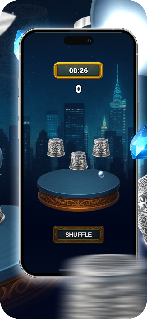 Cup Trick Hustle - A mobile game screen showing three ornate silver cups and a small ball on a pedestal with an urban city skyline at night in the background