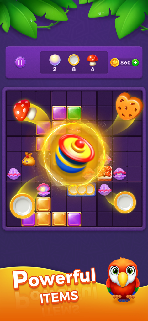 Una cuadrícula de juego de puzles de bloques de 9x9 con bloques de gemas coloridas y poderosos objetos potenciadores con una mascota loro