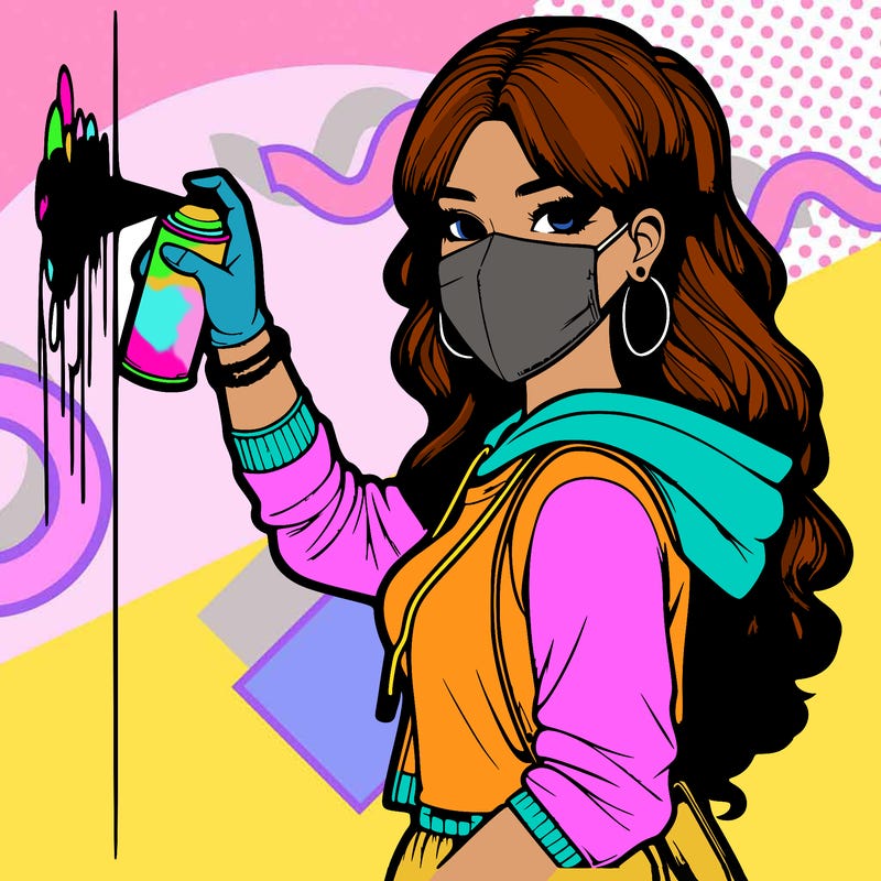 realistic girl with mask spray painting a wall