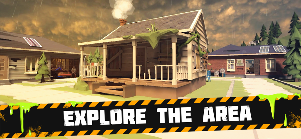 Bunker: Zombie Survival Games - Exploration screen in Bunker Zombie Survival featuring a low poly neighborhood