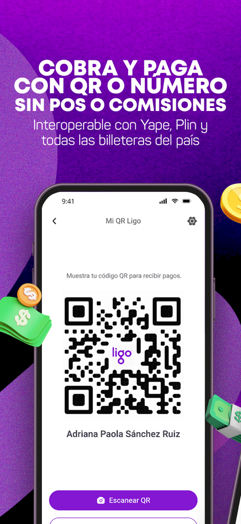 Ligo - App móvil Ligo mostrando un código QR personal para pagos y transferencias compatible con Yape y Plin