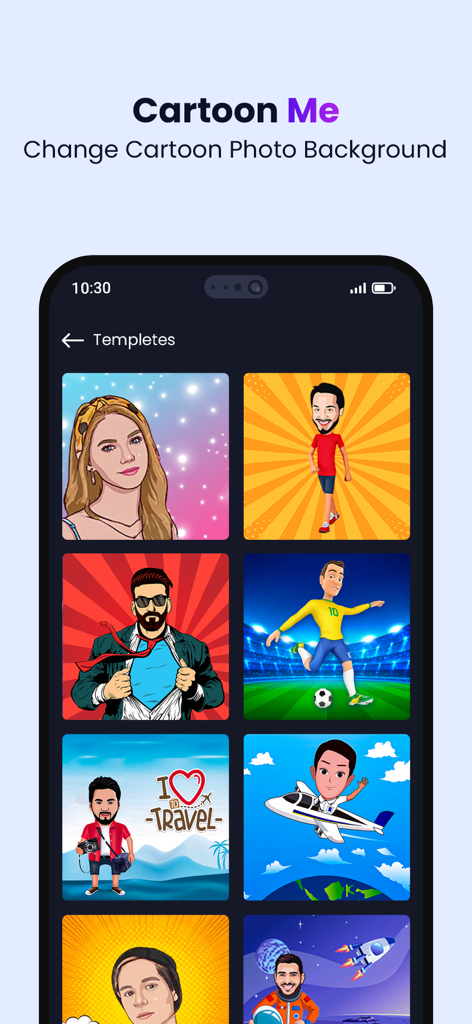 Une interface mobile montrant une variété de modèles d'avatars cartoon et d'arrière-plans stylisés