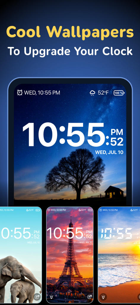 Alarm Clock ◎ - 夜空やランドマークを含む、目覚まし時計アプリのカスタマイズ可能な壁紙の背景のショーケース。