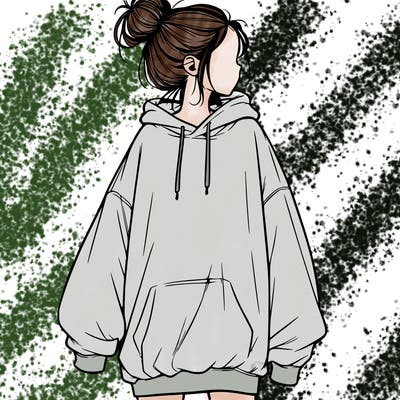 realistic girl with a oversized sweatshirt on and a bun