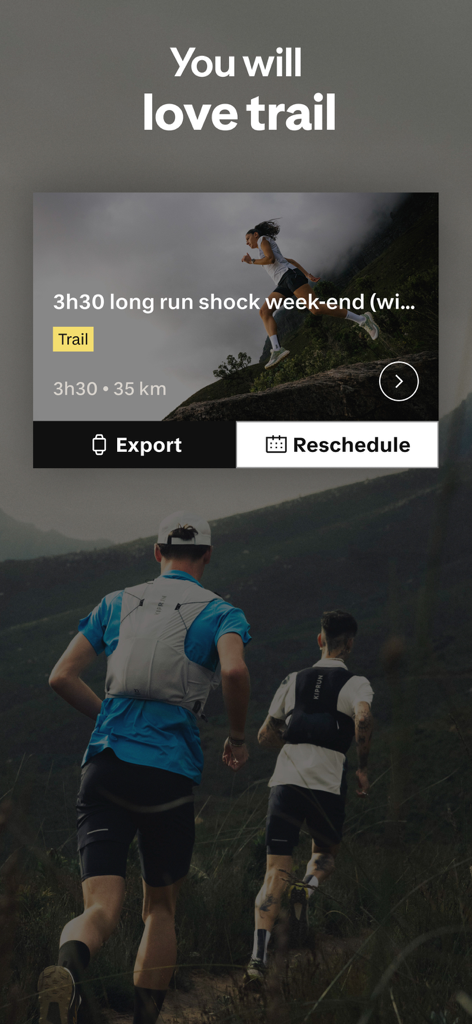 Kiprun Pacer Running - Kiprun Pacer app trail running training session interface with export and reschedule buttons