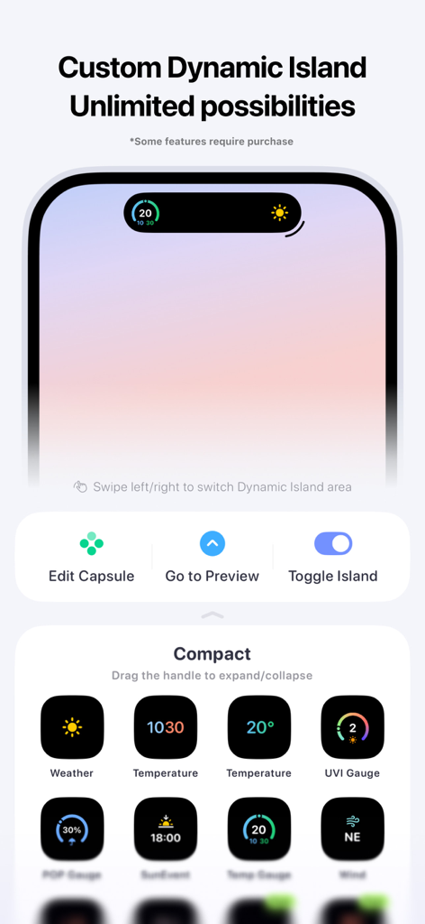 Interface of Koco Widgets app for customizing the iPhone Dynamic Island with compact widgets like weather and temperature