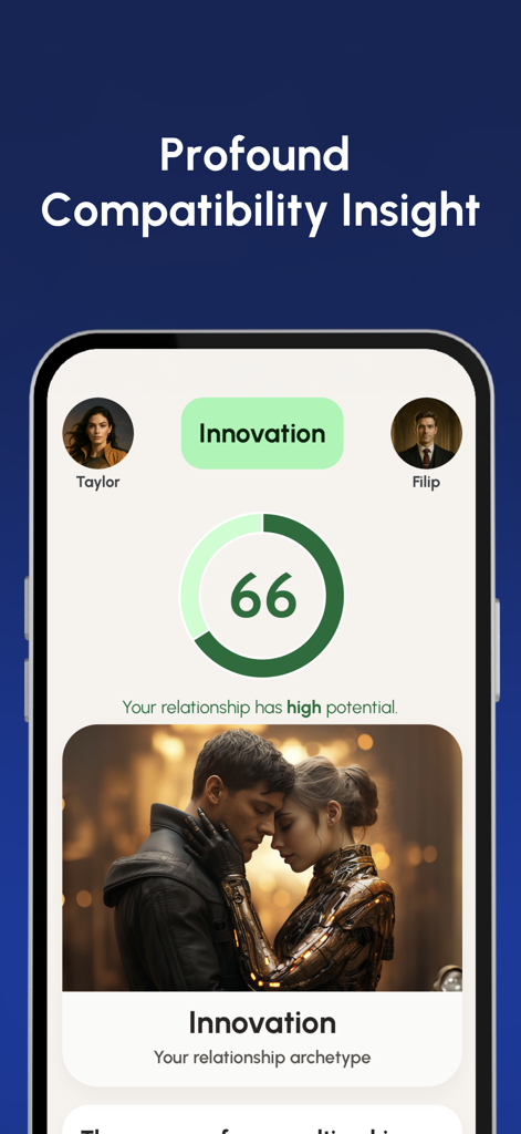Shadow Work - Mindberg - Shadow Work Mindberg app screenshot displaying a relationship compatibility score and innovation archetype