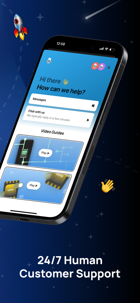 eSIMo app interface showing 24/7 live human customer support chat and video guides.