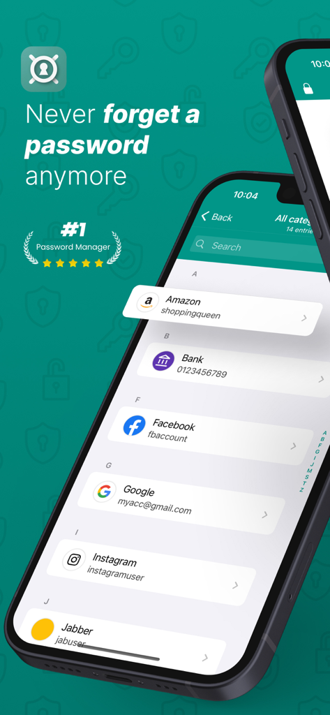 AmazonやGoogleなどの保存済みアカウントのリストが表示されたPassword Safe and Managerアプリを示すiPhone画面