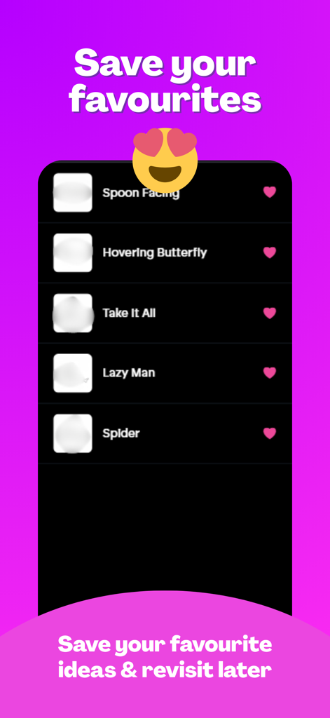 Interfaz de la aplicación Shush mostrando una lista de ideas favoritas guardadas de citas e intimidad para parejas.