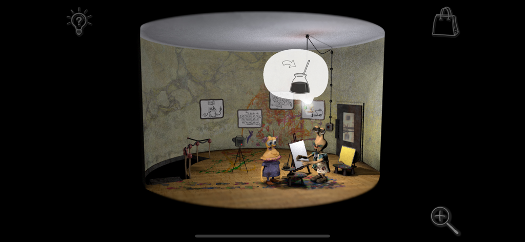 A character painting in a hand-drawn room with a visual riddle clue in a speech bubble in Avolteha