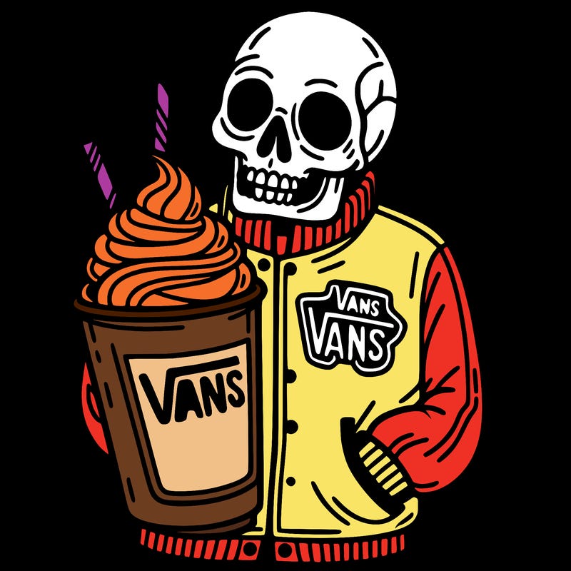 vans jacket with a skeleton and a slushy that says vans