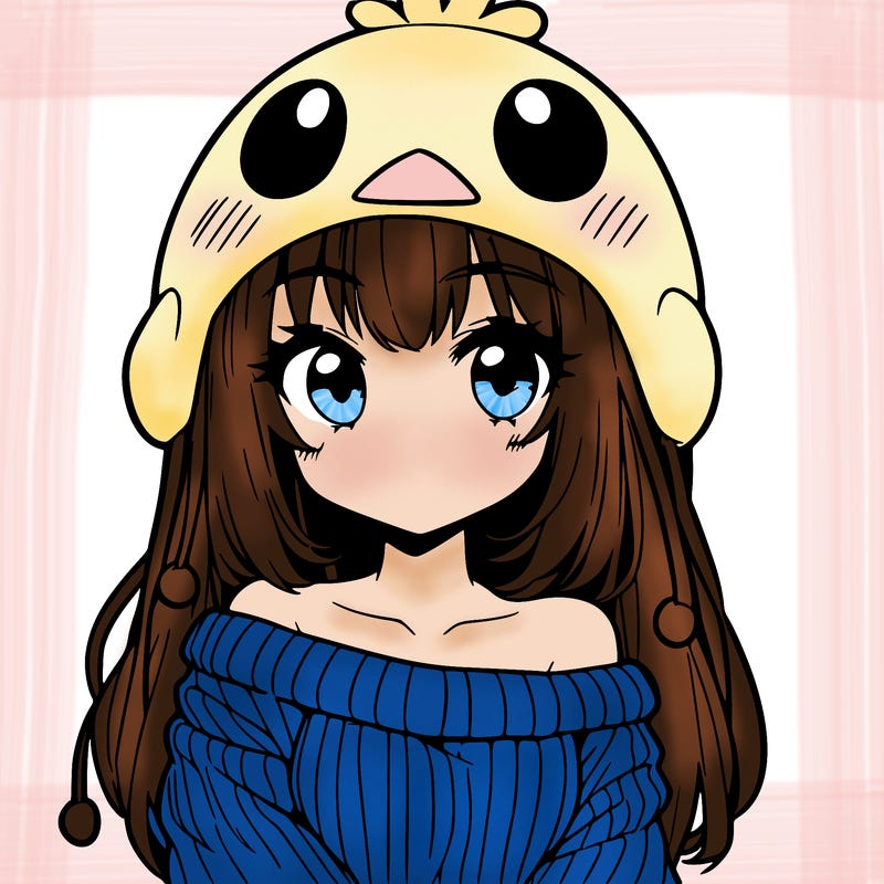 anime girl with chick shaped hat with sweater with bare shoulders with bangs covering them one eye with low tail