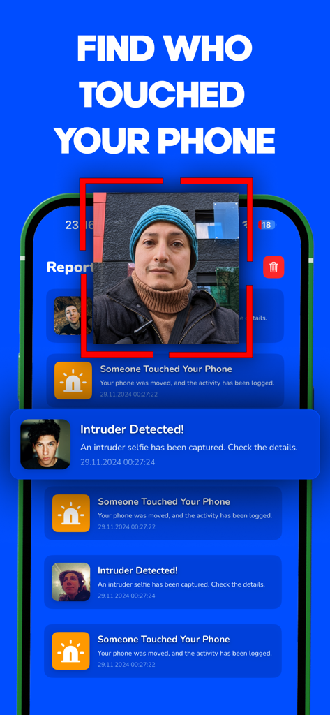 WTMP & Who Touched My Phone - WTMP app interface displaying captured intruder selfies and unauthorized access logs.
