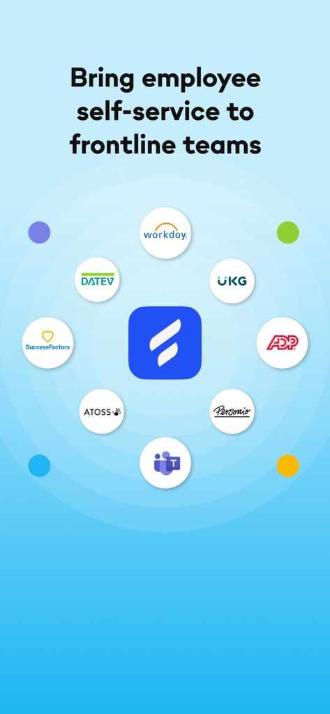 Flip-App - Flip app logo surrounded by HR software icons like Workday ADP and Microsoft Teams for frontline employee self service