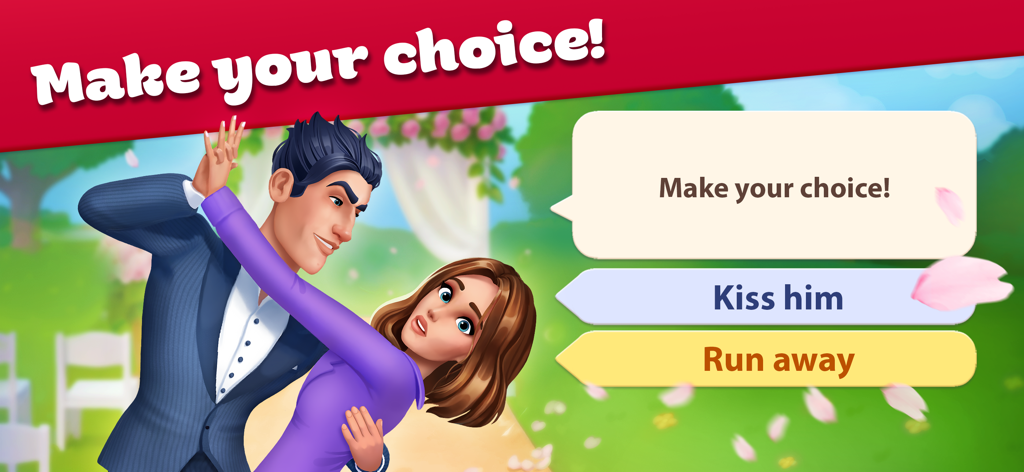 Cooking Stories: Fun cafe game - A narrative choice screen showing a romantic scene between two characters with options to kiss him or run away.