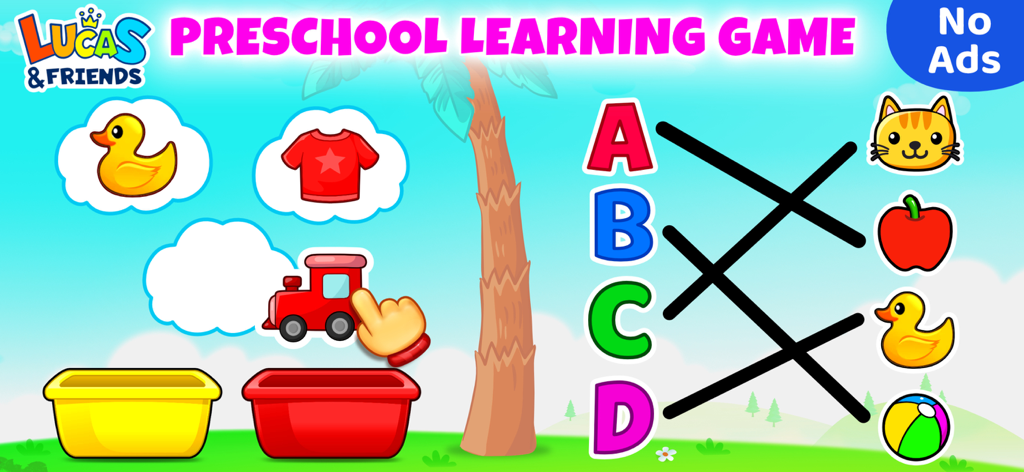 Kids Games: For Toddlers 3-5 - Juego de aprendizaje preescolar que muestra actividades de emparejamiento de alfabetos y clasificación de objetos para niños pequeños.