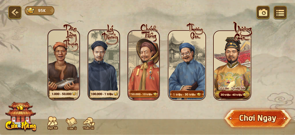 Chắn Sân Đình 5G - Main lobby of Chan San Dinh 5G showing traditional Vietnamese character ranks for card game rooms.