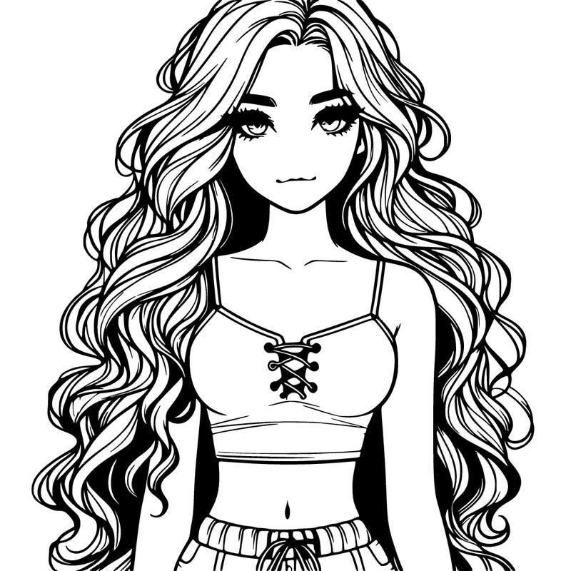 beautiful realistic girl, long wavy hair, crop top, and shorts