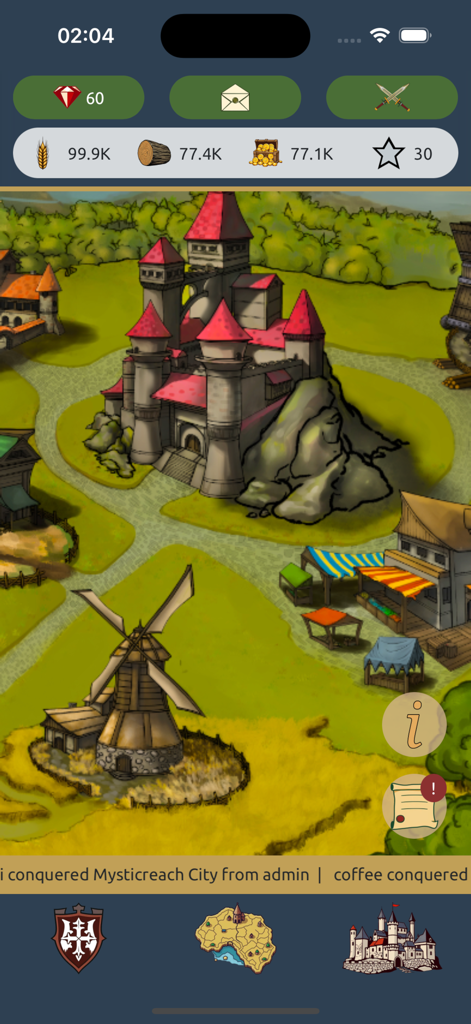 Gameplay screenshot of Conqueror of Worlds showing a medieval base with a castle windmill and marketplace