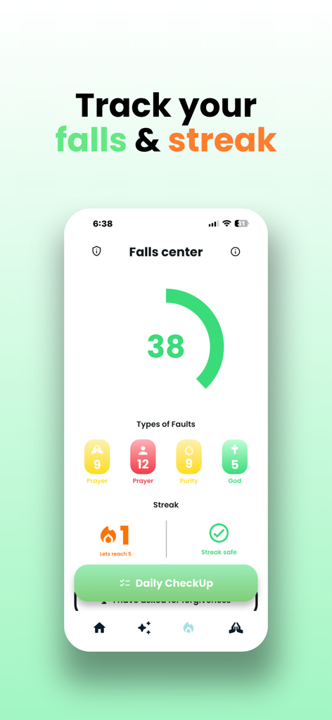 Altaria: AI Bible Soul Tracker - アルタリアアプリの画面に、フォールセンターとスピリチュアルなフォールカウント、デイリーストレークが表示されています。