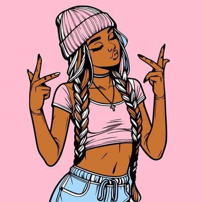 realistic teenage girl with braids and a beanie and crop top doing 🫶🏼