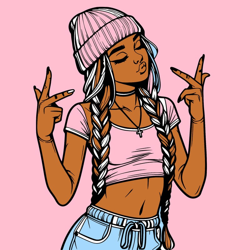 realistic teenage girl with braids and a beanie and crop top doing 🫶🏼
