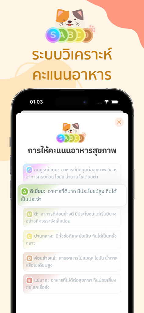 Screenshot of the Takoh calorie counter app showing its aesthetic food grading system with color-coded health scores from S to E and a cute cat mascot.