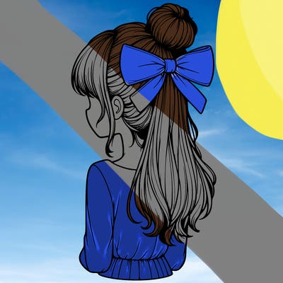 realistic girl  with hip length hair a bun and a big bow on the back of head