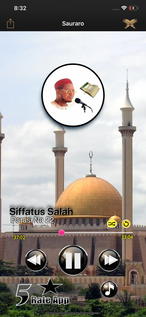 Siffatus Salatin Nabiyyi Jafar - Audio player interface of the Siffatus Salatin Nabiyyi Jafar app with a portrait of Sheikh Jafar Mahmud Adam and a mosque background
