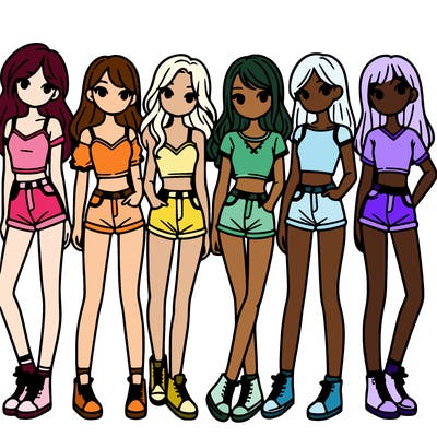 a group of girls wearing crop tops and shorts