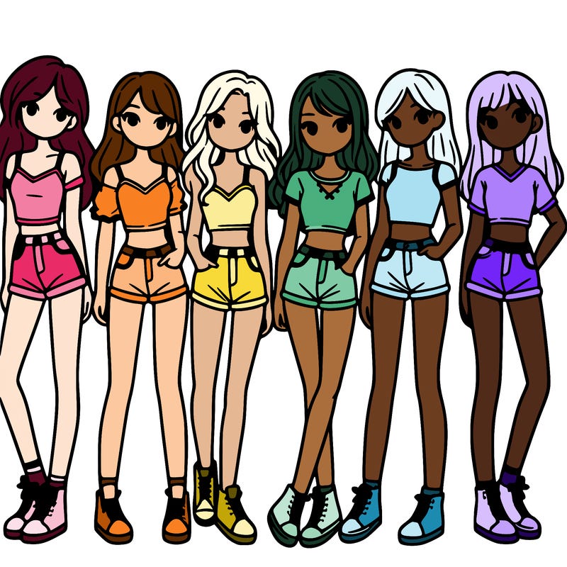 a group of girls wearing crop tops and shorts