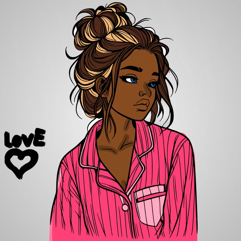 realistic woman with pajamas on and a messy bun