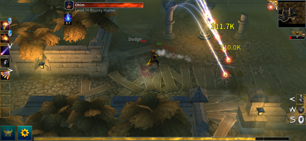 Level 70 Bounty Hunter character engaging in combat with special effects in Eternium