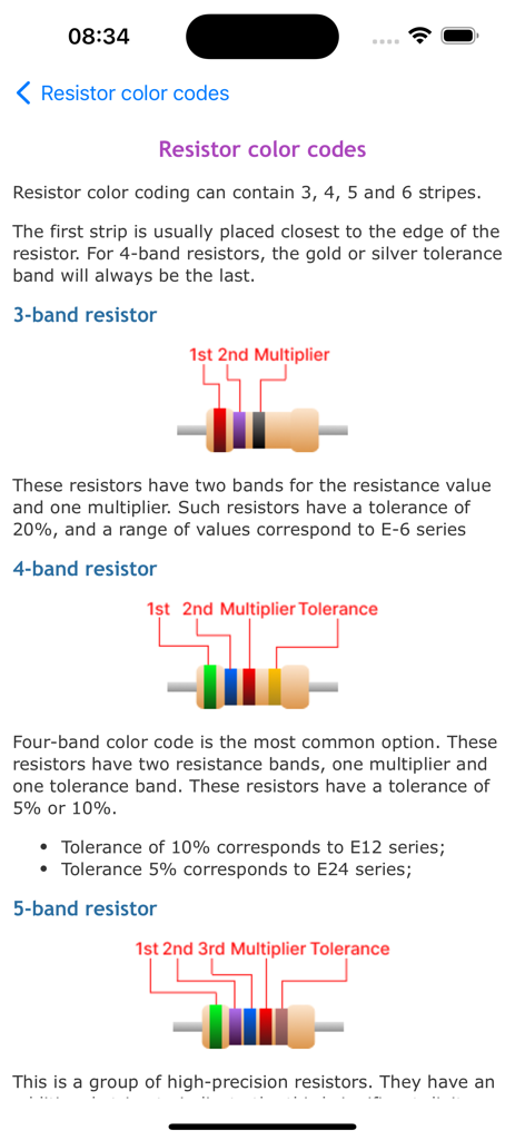 Resistor color codes calc - ラベル付き図解を含む、3、4、5バンド抵抗器のカラーコードに関する教育ガイド。