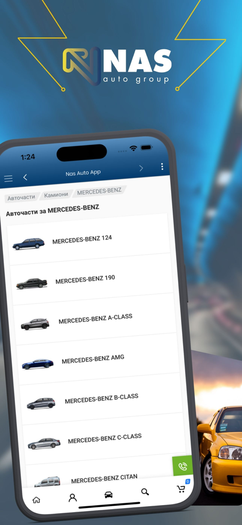 Nas Auto mobile app showing Mercedes Benz car models for parts selection