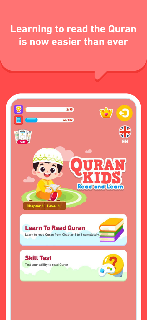 Home screen of the Iqro Learn Al-Quran Kids app showing menu options for learning to read and skill tests