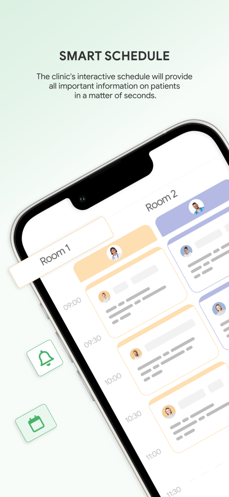 A smartphone screen displaying the Cliniccards app interactive smart schedule for a dental clinic