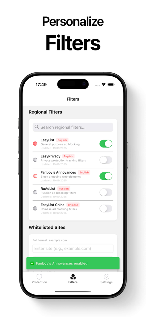 Ad Blocker for Browser . - Interface showing customizable regional filters and whitelisted sites in the Safari ad blocker app