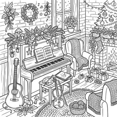 Step into a heartwarming Cottagecore Christmas setting where the joys of music and art intertwine with festive cheer. This charming coloring page invites you to relax and personalize a cozy holiday retreat.