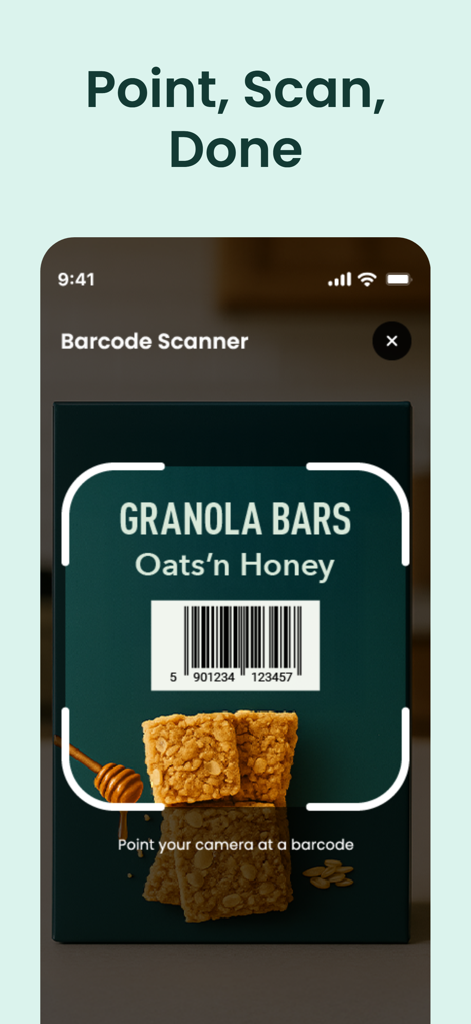 aqron: AI Calorie Counter - The barcode scanner interface of the aqron calorie counter app scanning a box of granola bars.